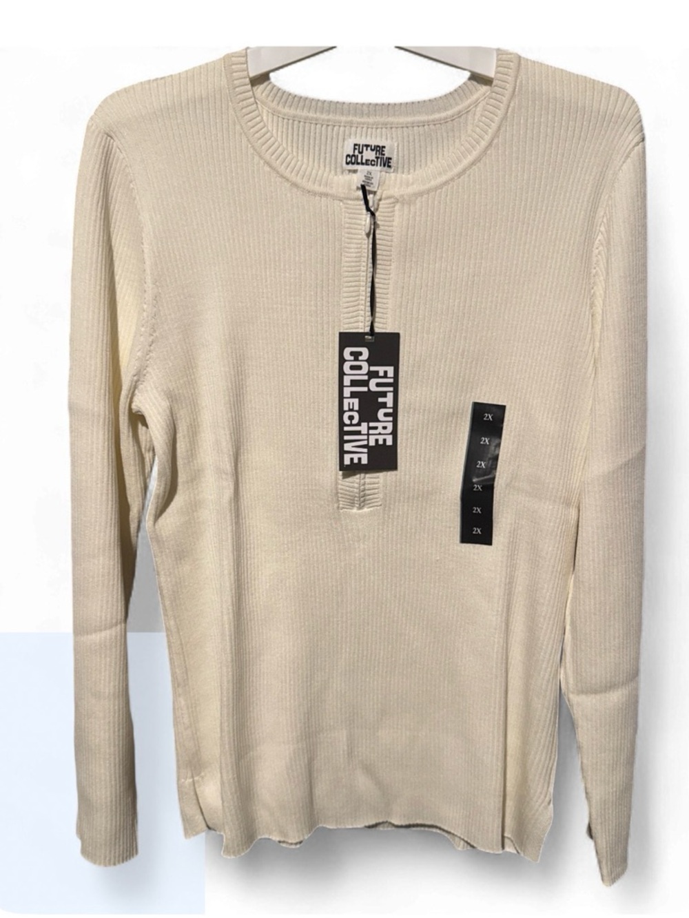 Size 2X Future Collective Cream Ribbed Long-Sleeve Sweater